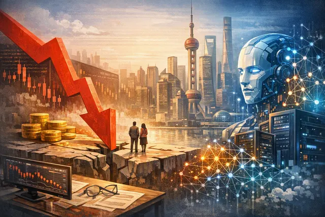 A digital illustration representing the decline in China's stock market in July 2026, with a downward-trending graph and AI-related tech symbols in the background.