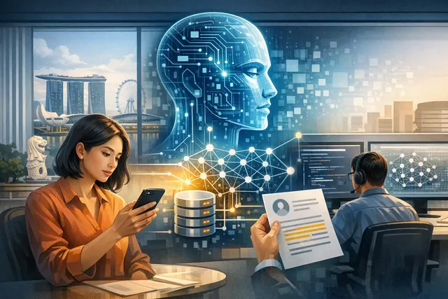 Abstract illustration of personal data flowing into a generative AI model under Singapore privacy guidance