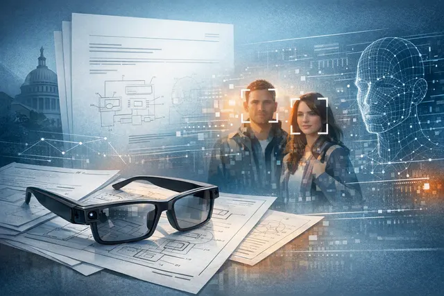 Editorial illustration of AI smart glasses analyzing faces and scenes through a camera interface