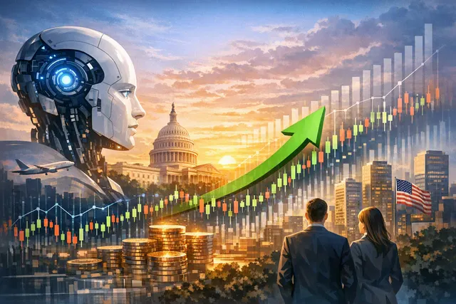 Global stock market chart and digital displays showing upward trends, representing AI-driven equity rally and record weekly gains in August 2026.