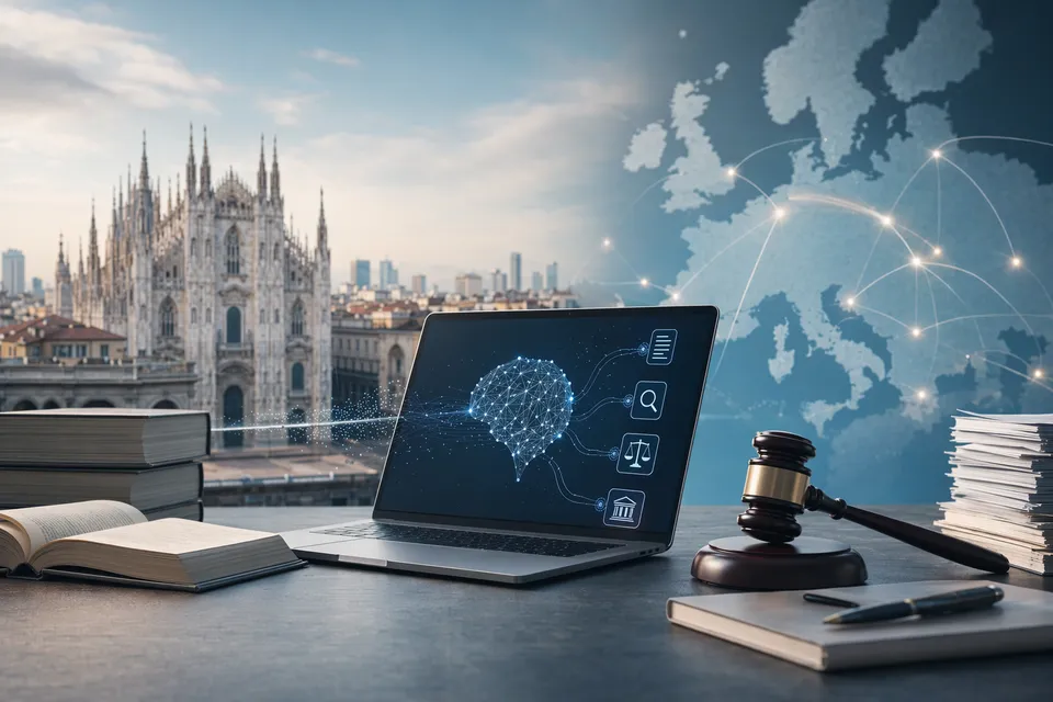 Editorial illustration representing AI-powered legal technology and investment in European legaltech startup Lexroom