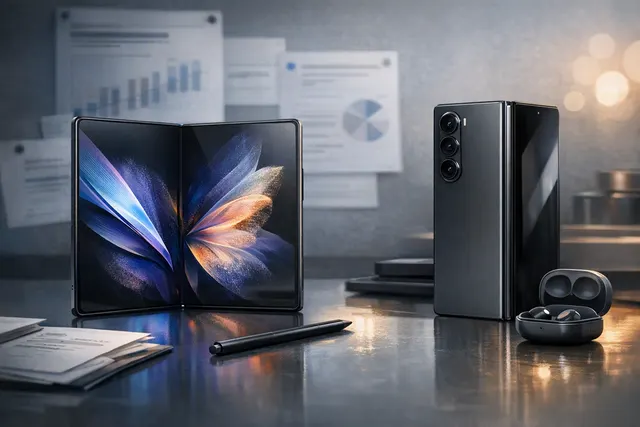 A conceptual illustration of the Samsung Galaxy Z Fold 8 and Z Fold 8 Ultra smartphones, highlighting their different designs and the word 'TRADE-OFFS'.