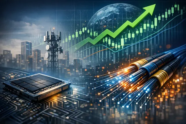 Abstract visualization of memory chips and optical networking components connected by glowing data pathways, representing the AI infrastructure supply chain that drove the August 1