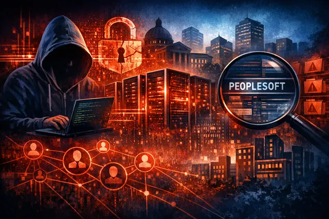 Digital illustration of a university campus network under cyberattack, symbolizing the ShinyHunters Oracle PeopleSoft data breach affecting over 100 organizations