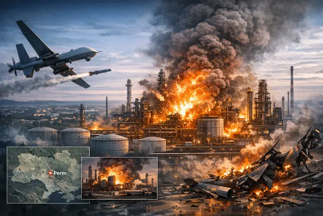 Thick black smoke rises over the Lukoil-Permnefteorgsintez oil refinery in Perm, Russia, after a July 29, 2026 Ukrainian drone strike on the primary refining unit.