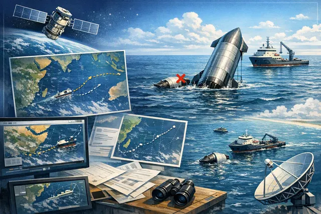 Satellite image of the Indian Ocean showing multiple recovery vessels towing SpaceX's 170-foot Starship Ship 40 after its intact splashdown on Flight 13.