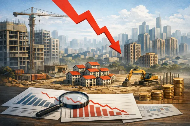 Editorial illustration of China’s housing market under pressure, with residential towers and a downward price chart
