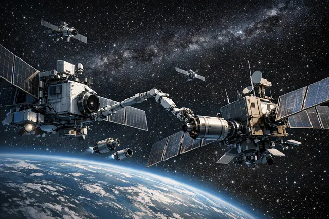 Artist's concept of Northrop Grumman's Mission Robotic Vehicle (MRV) approaching a satellite in geostationary orbit with robotic arms extended, ready to install a Mission Extension