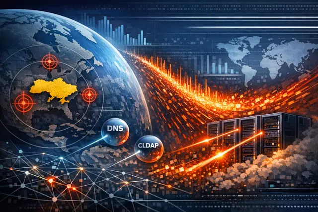 Abstract visualization of a massive DDoS attack surge, represented by a network graph with glowing red and orange nodes and traffic flows.