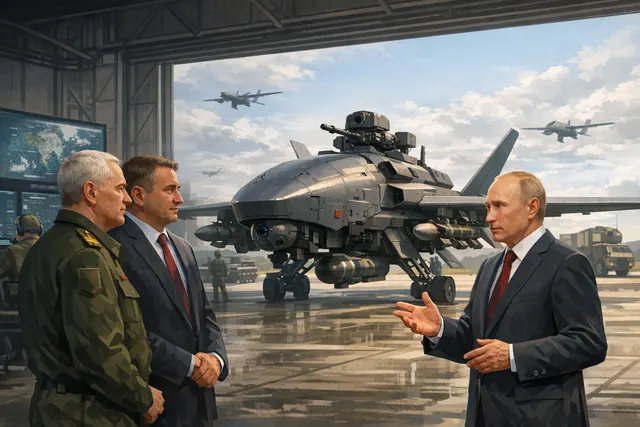 Illustration of Russian Rassvet satellites in orbit connecting to heavy combat drones over a war-torn landscape, symbolizing the new satellite-controlled drone strategy.