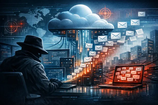 Digital illustration representing a large-scale data breach: a hooded figure in a dark environment with glowing digital screens displaying cloud data and stolen employee records fr
