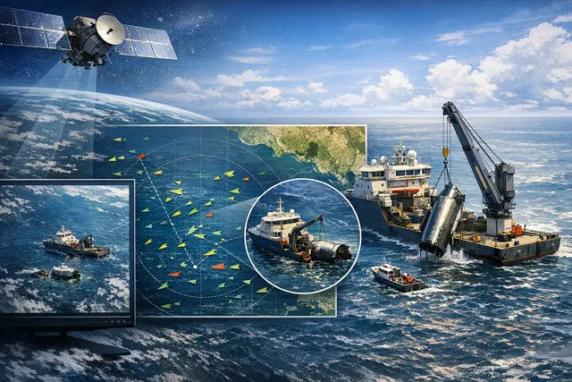 Editorial visualization of SpaceX Starship floating in the Indian Ocean after Flight 13, with recovery vessels nearby