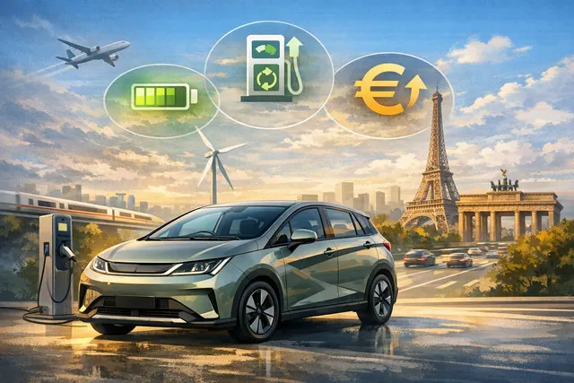BYD Dolphin G DM-i, a compact blue plug-in hybrid hatchback shown from a front three-quarter angle on a city street, illustrating its European B-segment design and urban practicali