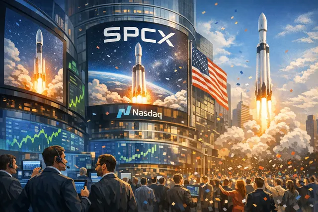 SpaceX Falcon 9 rocket on a launchpad at night with a large neon-style 'SPCX IPO' ticker symbol and a bull and market chart graphic superimposed in the sky, symbolizing the histori