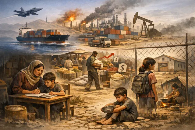 Illustration of children walking toward school amid rising fuel and food costs caused by a global conflict