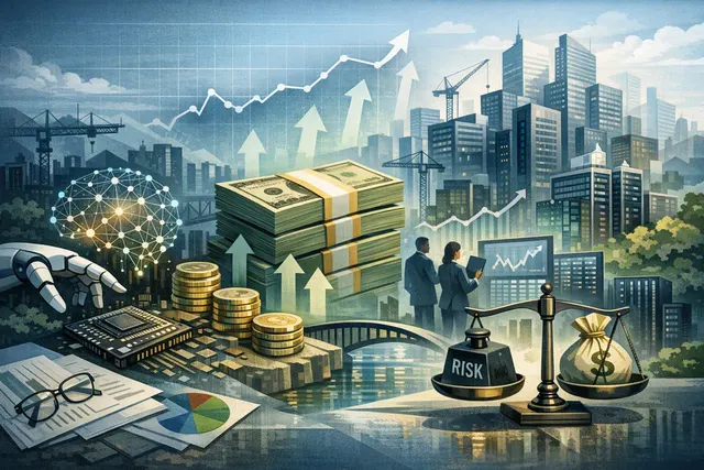 Abstract digital illustration of a circuit board transforming into a bar chart with descending trend lines, symbolizing the tension between AI infrastructure investment and financi