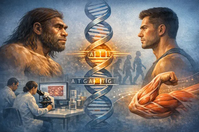 What is the Neanderthal gene variant linked to greater muscle mass in modern humans, what specific genetic changes define it, how did it enh