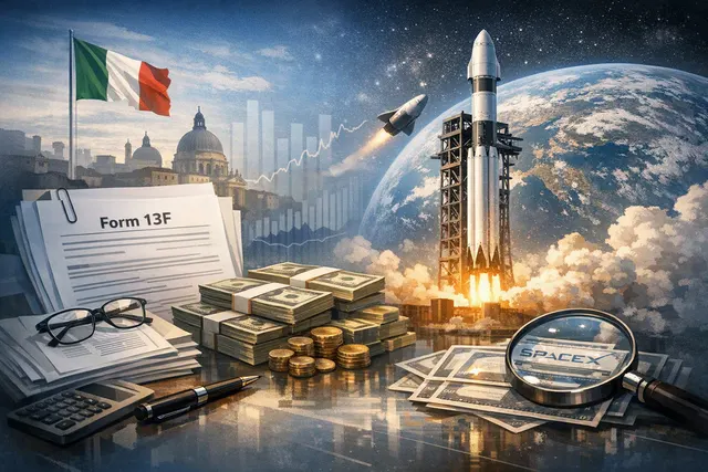 Editorial illustration of institutional investment in SpaceX, with a rocket launch and financial portfolio graphics