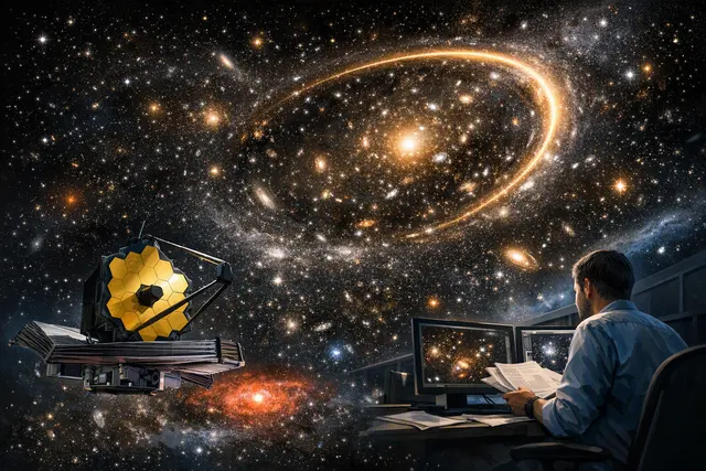 AI-generated visualization of the James Webb Space Telescope observing the Milky Way's center and a distant gravitational arc