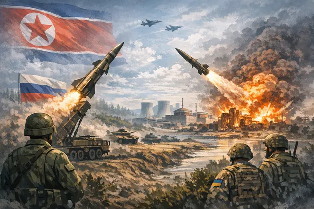 AI-generated illustration depicting a missile launch and crisis map, representing North Korea's expanding role in the Russia-Ukraine war in August 2026.