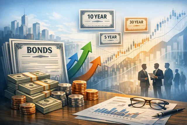 Abstract digital chart showing a rising debt curve with AI-related bond market data points and a glowing corporate headquarters silhouette