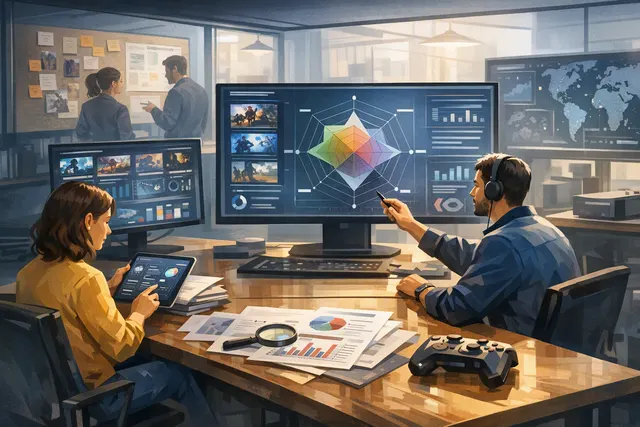Abstract editorial illustration representing AI-assisted game-market research and commercial analysis