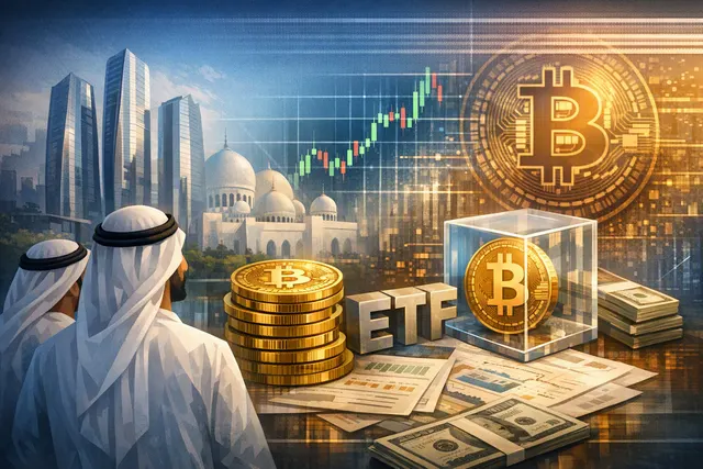 Abstract digital illustration of the Abu Dhabi skyline with a Bitcoin symbol and a financial chart overlay, representing sovereign wealth fund Bitcoin ETF holdings.