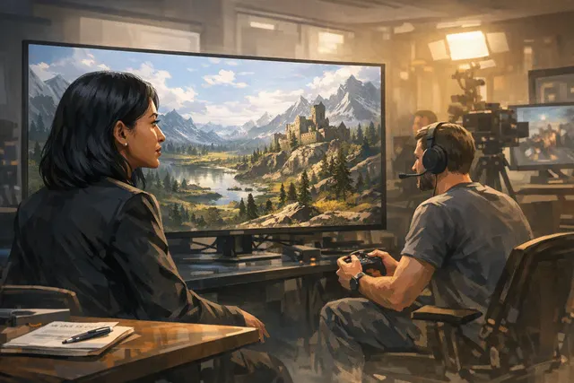Xbox CEO Asha Sharma visits Bethesda Game Studios for a live playthrough of The Elder Scrolls 6, teasing an 8-letter subtitle while union workers protest outside with a giant infla