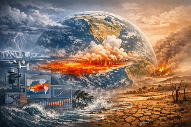 A satellite-style visualization of the Pacific Ocean showing a large area of warmer-than-average sea surface temperatures, representing the 2026 Super El Niño event.