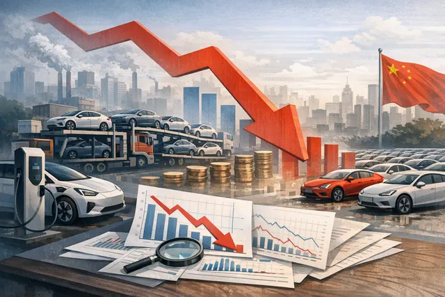 A conceptual illustration of China's electric vehicle market slowdown, showing a downward trending graph with EV symbols, a fading government subsidy icon, and export ships in the