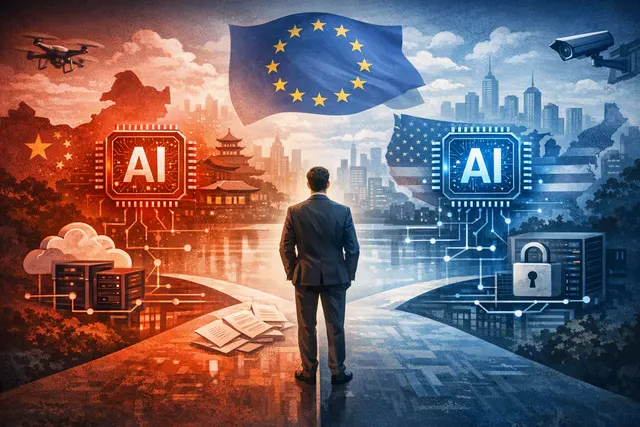 Abstract digital illustration showing a stylized map of Europe with AI network connections, representing the choice between Chinese and US AI models under EU regulations.