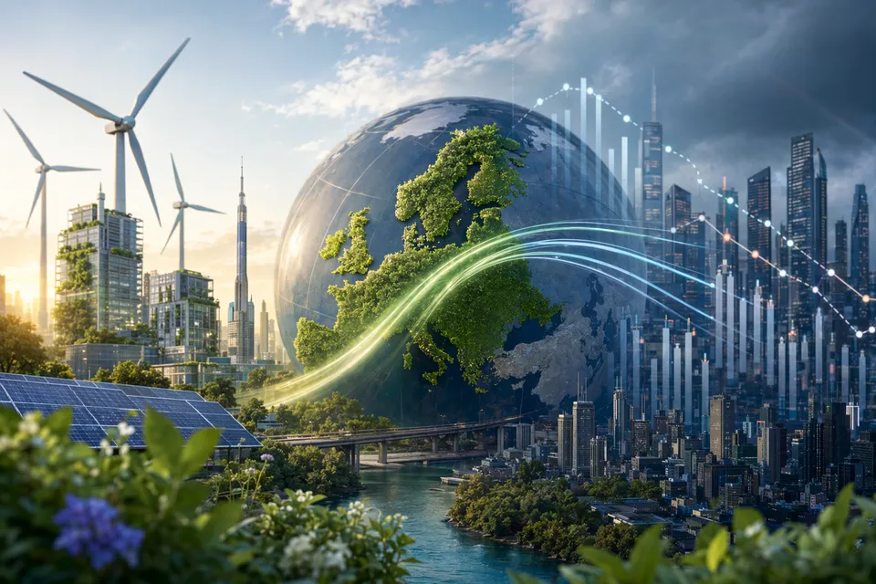 Illustration of Europe leading climate tech venture investment with wind turbines and clean energy startups
