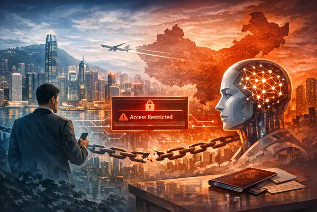 Editorial illustration of enterprise AI access being restricted by geographic borders around Hong Kong and mainland China