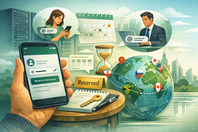 Illustration of WhatsApp usernames replacing phone numbers for private messaging, with an anti-impersonation security theme