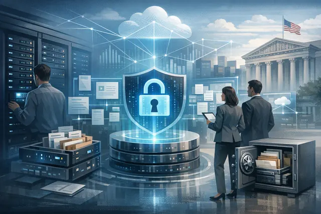 Abstract illustration of enterprise AI data retention, cloud infrastructure, and privacy controls