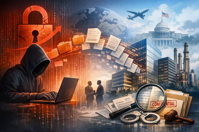 An abstract, dark digital illustration of a compromised corporate network, representing the Cl0p ransomware group's mass data theft attack on companies like Shell and Philips in 20