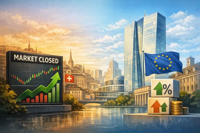 European Central Bank headquarters alongside stock market trading charts and geopolitical tension imagery in a financial editorial collage.