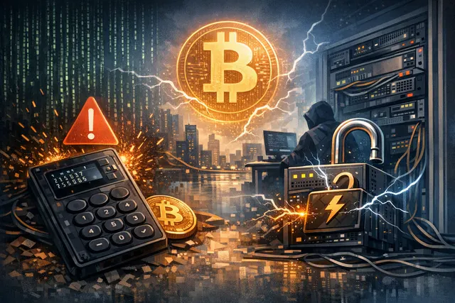 Abstract digital visualization of Bitcoin security exploits and blockchain vulnerabilities with red warning indicators
