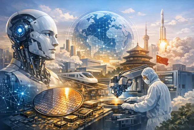 Editorial illustration of artificial intelligence, semiconductor chips, robotics and industrial technology driving China’s hard-tech economy
