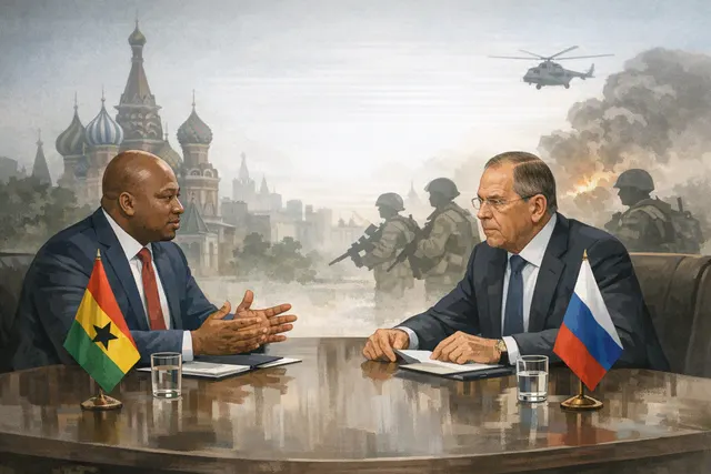 Illustration of Ghanaian and Russian officials discussing the recruitment of Ghanaians for the war in Ukraine