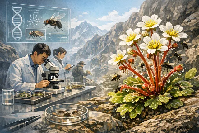 An artistic rendering of Saxifraga candelabrum, a delicate alpine flower with reddish glandular hairs on its stems, growing among rocks on the Qinghai-Tibet Plateau.