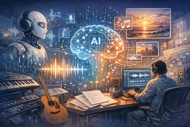 抽象化呈现自然语言生成 AI 音乐的场景,代表阿里 HappyShrimp 1.0