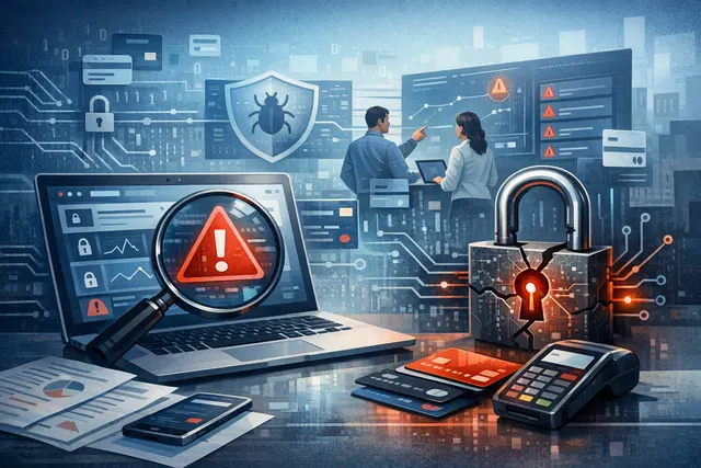Abstract digital illustration of broken payment chain links and blockchain nodes on a dark network background, representing security vulnerabilities in x402 payment facilitators.