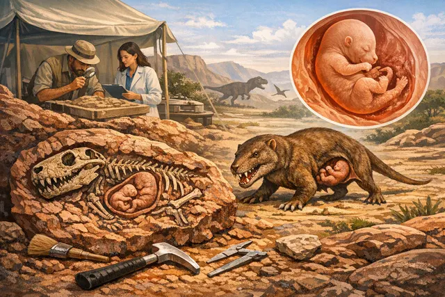 AI-generated artistic illustration of a Chiniquodon theotonicus, a dog-sized cynodont from the Triassic period, set against a prehistoric landscape.