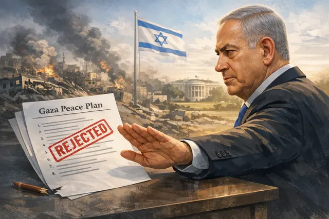 Israeli Prime Minister Benjamin Netanyahu at a cabinet meeting, with a map of Gaza and a document marked '15-Point Plan' in the background, symbolizing the rejection of the US-back