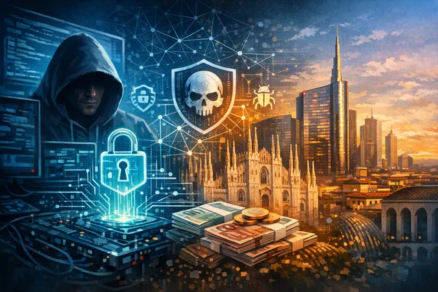 Abstract digital network with glowing red threat indicators and blue defensive shield nodes, representing Beelzebub's AI-native cybersecurity platform trapping attackers inside a n