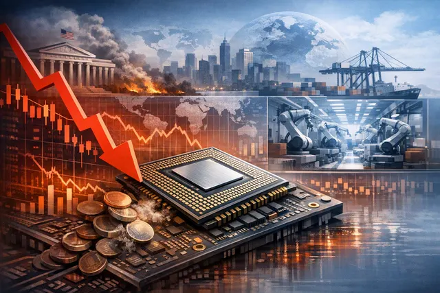 Graph showing declining semiconductor stock prices with red downward arrows, representing the July 2025 global chip stock selloff.