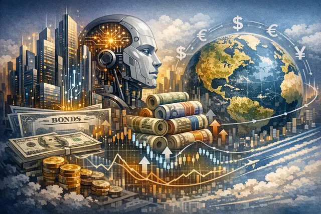 Abstract financial chart with upward-trending bond yields superimposed over silhouettes of data centers and stock market tickers, representing Big Tech's AI-driven debt wave reshap