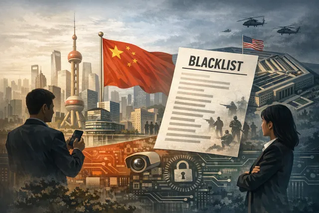 Pentagon building silhouette behind a digital map marked with restricted Chinese tech firm logos including Alibaba, BYD, and Baidu.