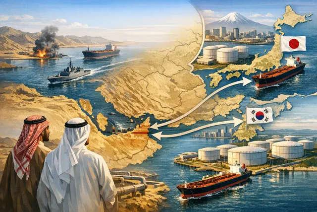 Editorial illustration of oil storage tanks and tanker routes linking the Gulf with Japan and South Korea during the Strait of Hormuz crisis